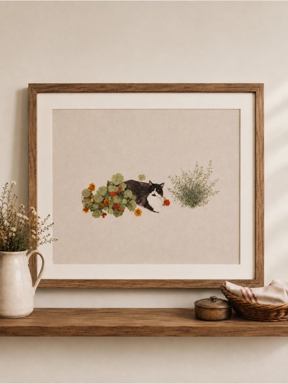 Rush Design Black & White Cat Botanical Wall Art Print with Colorful Accents